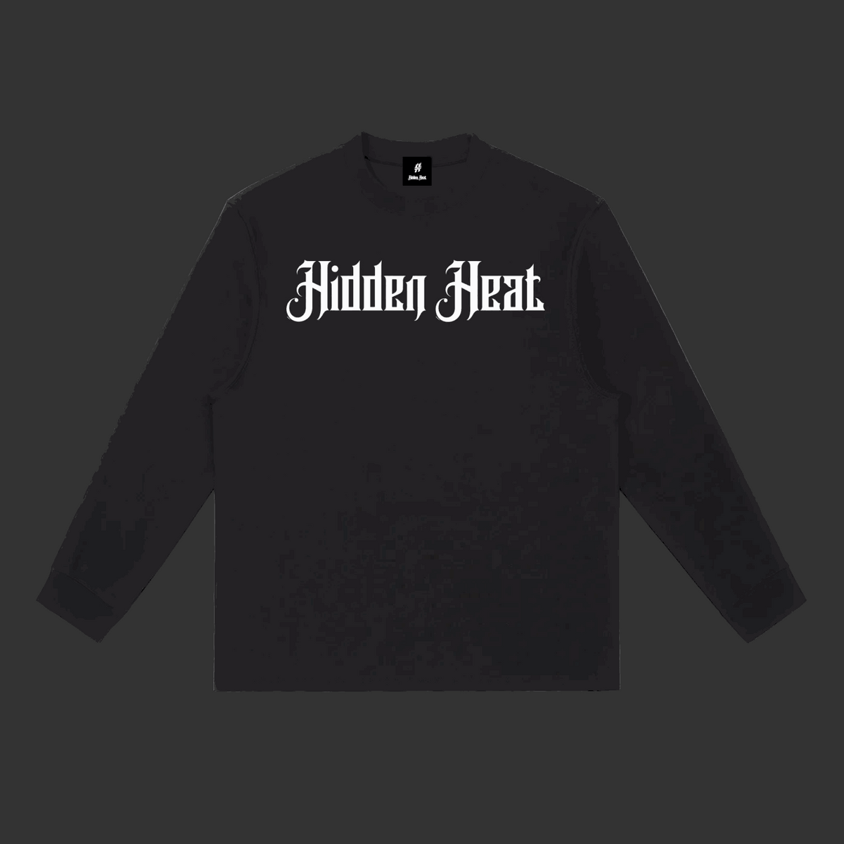 Long-Sleeve Tee in black cotton blend with white gothic Hidden Heat chest lettering and crew neckline