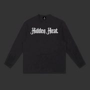 Long-Sleeve Tee in black cotton blend with white gothic Hidden Heat chest lettering and crew neckline
