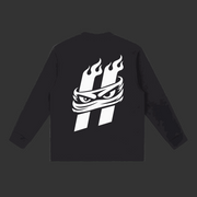 Long-Sleeve Tee in black cotton blend with bold white flaming graphic and relaxed crew neckline