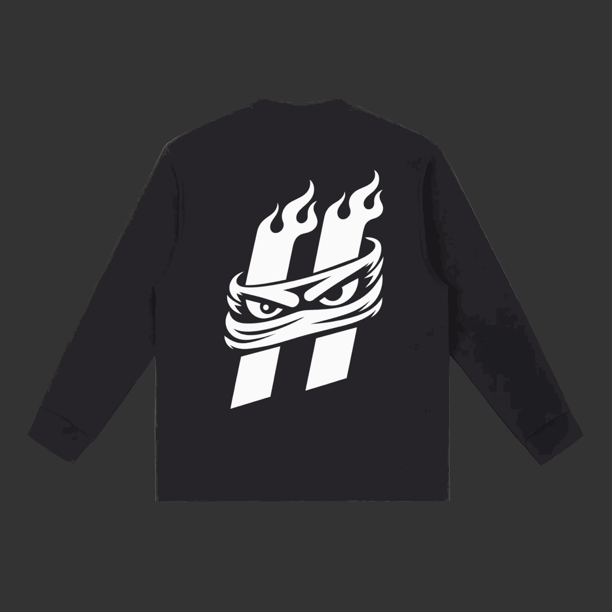 Long-Sleeve Tee in black cotton blend with bold white flaming graphic and relaxed crew neckline