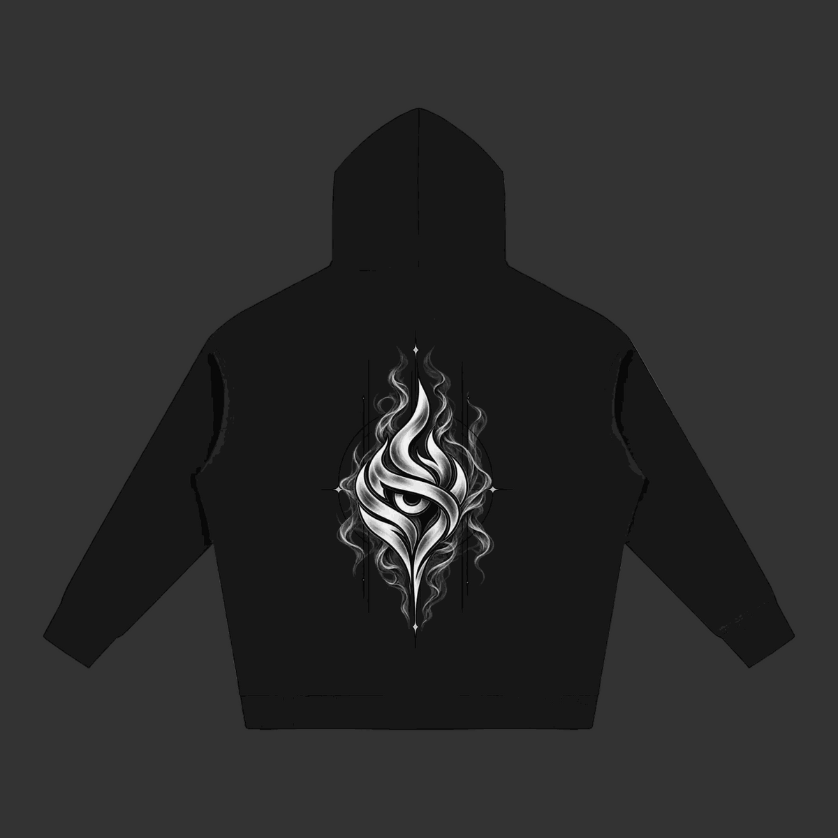 Veil Hoodie in black heavyweight fleece, featuring a large white and silver flame-like graphic on the back