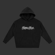Veil Hoodie in black heavyweight fleece, featuring a hood, kangaroo pocket and white gothic chest artwork