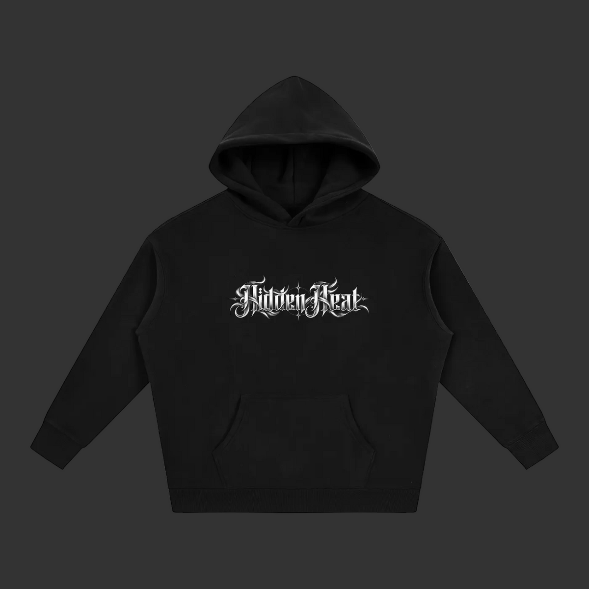 Veil Hoodie in black heavyweight fleece, featuring a hood, kangaroo pocket and white gothic chest artwork