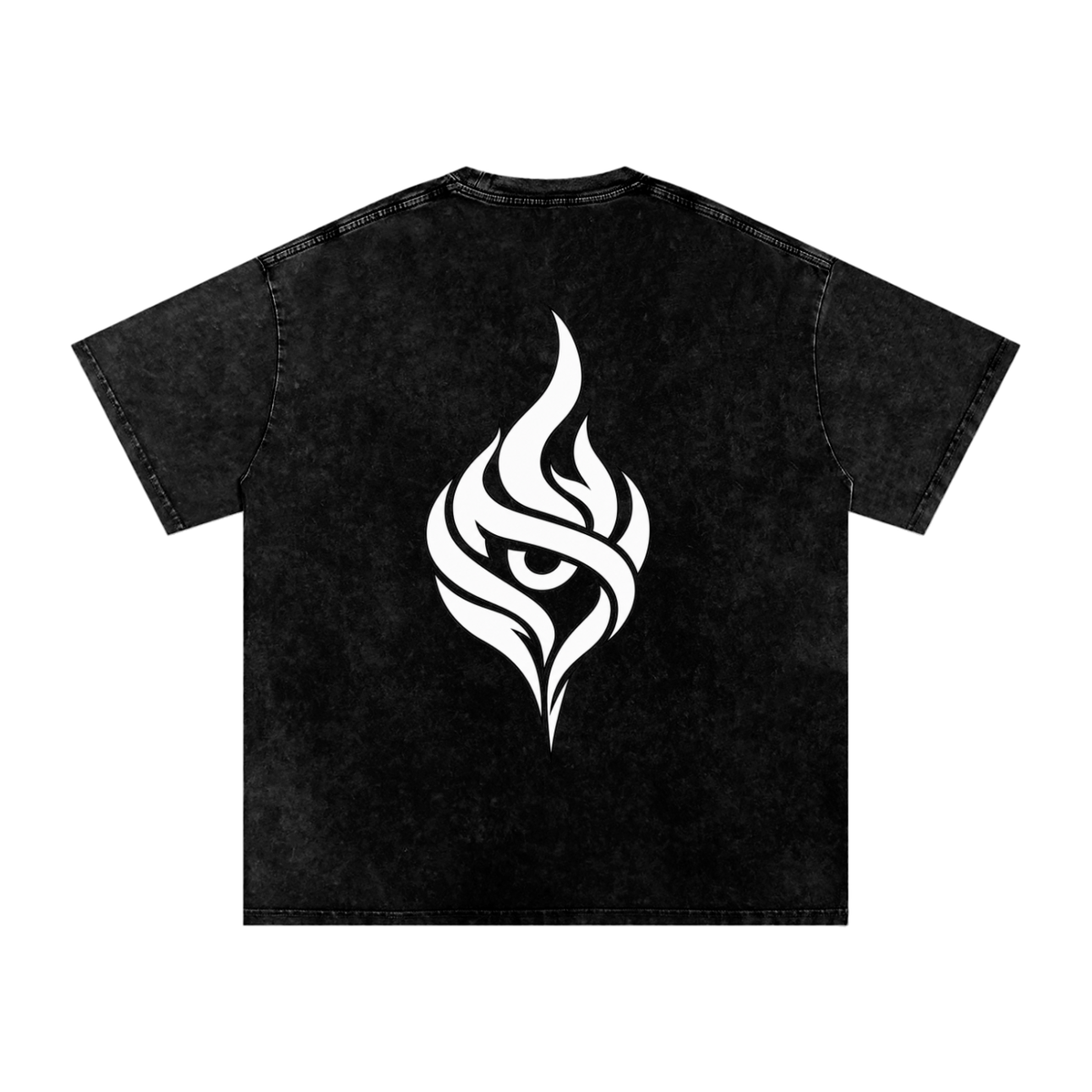 Veil Tee black cotton T-shirt with snow-washed finish and bold white flame-eye graphic on the front