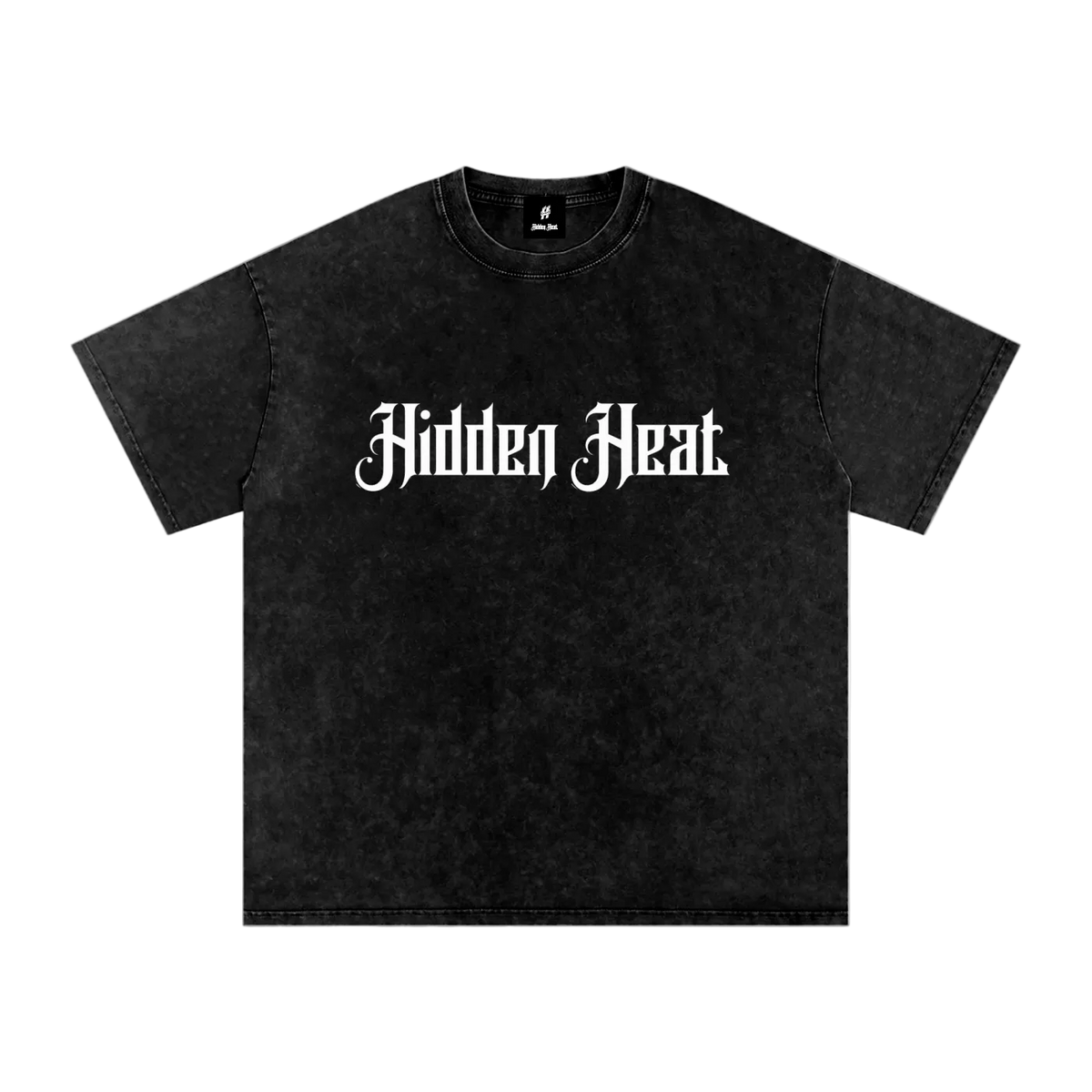 Veil Tee black cotton T-shirt with snow-washed texture, short sleeves, and white Hidden Heat front artwork