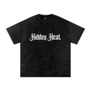 Veil Tee black cotton T-shirt with snow-washed texture, short sleeves, and white Hidden Heat front artwork